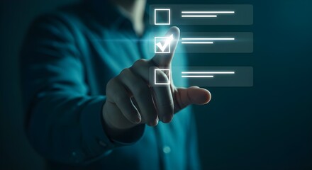 Person selecting choice on digital checklist with glowing checkmark and dark background