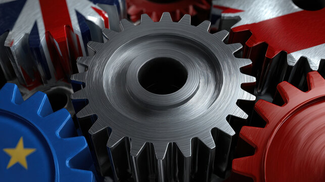 Metal gear with UK and EU flag colors, industrial concept showing cooperation and connection, shiny metallic texture