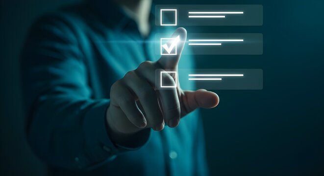Person selecting choice on digital checklist with glowing checkmark and dark background