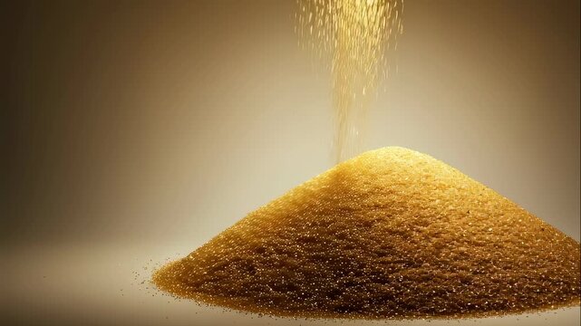 Golden grains falling to form a growing sand pile. Time passing and measurement of precious resource concept.