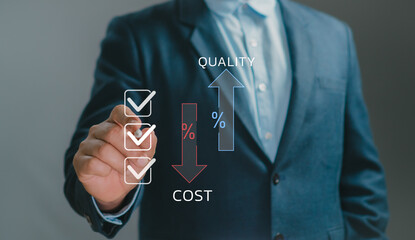 Business improvement concept showing businessman pointing at virtual checklist rising quality indicators and decreasing cost metrics, emphasizing efficiency, performance, and strategic optimization.