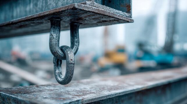 Close-up of weathered metal chain link attached to steel beam amidst blurred industrial construction site background with structural elements and machinery