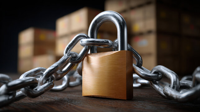Padlock with metal chain on wooden surface, symbolizing security and protection in warehouse environment