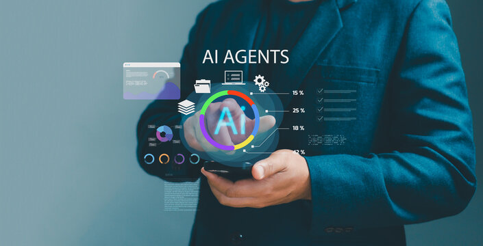 AI agents concept. Businessman using smartphone interact with digital analytics, automation tools, and data visualization, highlighting artificial intelligence, smart systems, and modern technology.