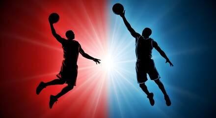 Dynamic silhouettes of basketball players leaping during an intense match.