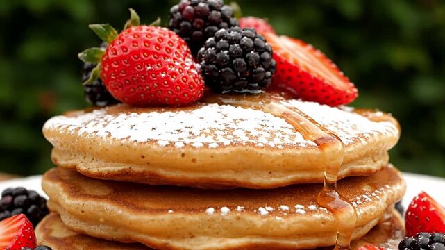 Stack of Pancakes with Berries and Maple Syrup