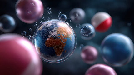 Earth globe in transparent bubble floating among colorful spheres in dark background
