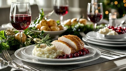 A festive dinner table with roasted turkey, mashed potatoes, cranberry sauce, and glasses of wine