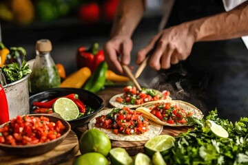 A food truck scene with tacos being served, with toppings like spicy salsa, cilantro, and lime
