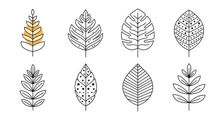 Collection of eight different stylized leaf illustrations in black and white with one colored element.