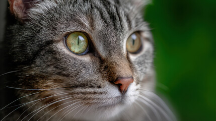 Close up of gray tabby cat with green eyes looking attentively with blurred green background
