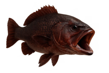 Red fish with wide open mouth swimming, displaying aggression or surprise, cut out on transparent background