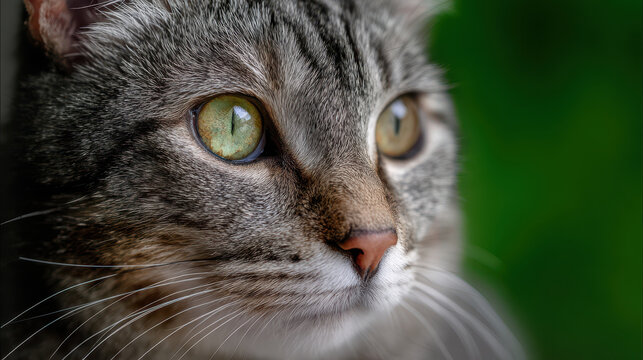 Close up of gray tabby cat with green eyes looking attentively with blurred green background