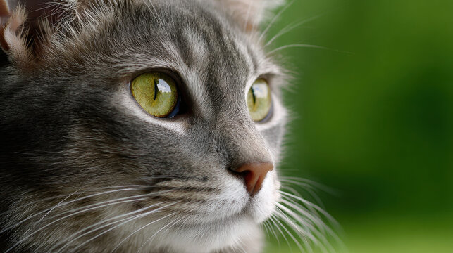 Close up of gray cat with green eyes looking attentively with soft fur and whiskers against blurred green background - Powered by Adobe