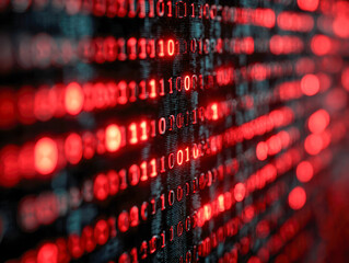 Glowing red binary code sequences cascading on a dark digital screen representing complex data encryption and cybersecurity concepts in technology background