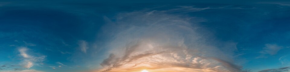 Obraz premium Seamless 360 HDR spherical panorama of sunset sky with vibrant pink Cirrus clouds. Full zenith or sky dome in 3D, sky replacement for aerial drone panoramas. Climate and weather change.