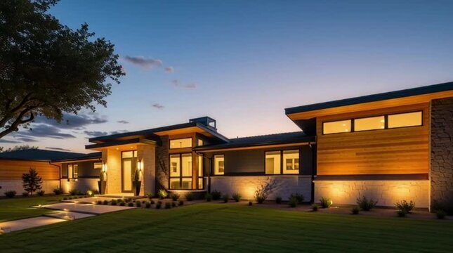 Modern Luxury House Exterior During Sunset with Warm Lighting and Well-Maintained Lawn