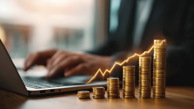 Dynamic finance growth visualization with rising golden coin stacks and laptop use, 4K