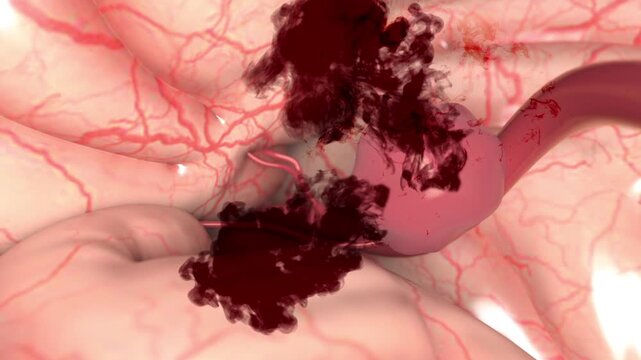 Rupture of cerebral aneurysm, can lead to stroke, cerebral aneurysm, atherosclerosis, hypertension, cerebral hemorrhage, and cerebral vascular hemorrhage. Cerebrovascular diseases. 3D animation.