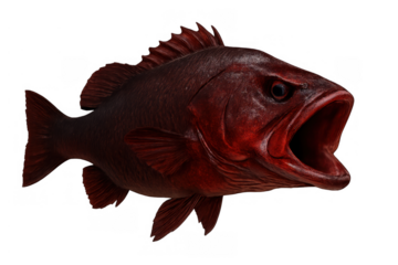 Aggressive red fish taxidermy sculpture with mouth open, a fierce aquatic beast representation on transparent background
