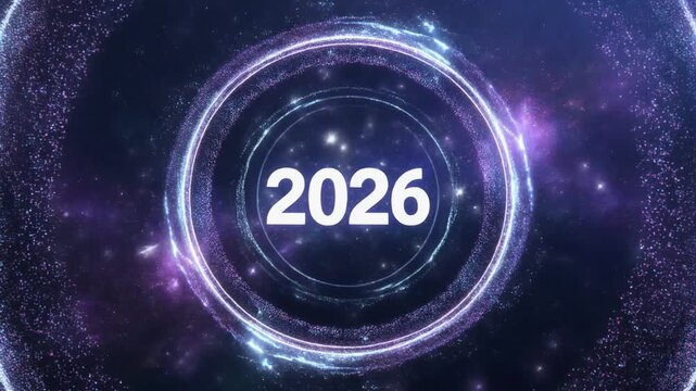 Futuristic digital display of the year 2026 surrounded by luminous circular rings and particles against a cosmic space background