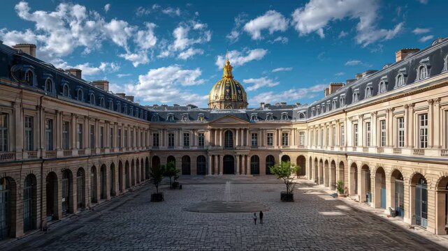 Stunning golden dome over historic Parisian building with intricate architectural detail, 4K