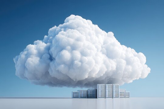 Cloud computing concept demonstrates the transformation of data storage with a large white cloud hovering over a futuristic data center, symbolizing innovation in technology and digital services