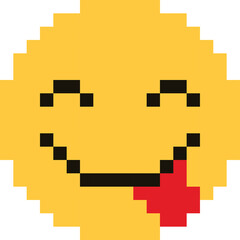 Obraz premium Pixelated Yellow Smiley Face Icon With Red Tongue Sticking Out Against Transparent Background Simple Digital Art Graphic Element