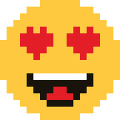 Obraz premium Pixelated yellow face with heart-shaped eyes and open mouth on transparent background representing adoration or excitement in a retro digital art style