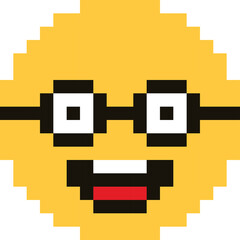 Obraz premium Pixelated yellow smiley face wearing black rimmed glasses with a wide open mouth smiling and red tongue visible against a transparent background