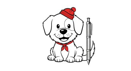 Charming dog illustration wearing a hat standing beside a sleek pen representing writing and