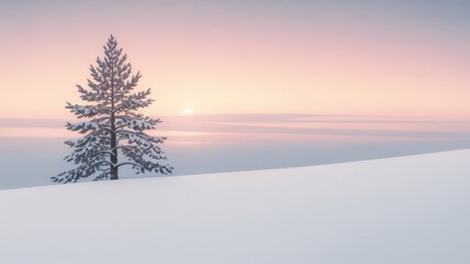 Obraz premium Snowy tree in field at pastel winter sunrise.