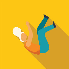 Woman falling down with long shadow on yellow background, representing accident, risk, or danger