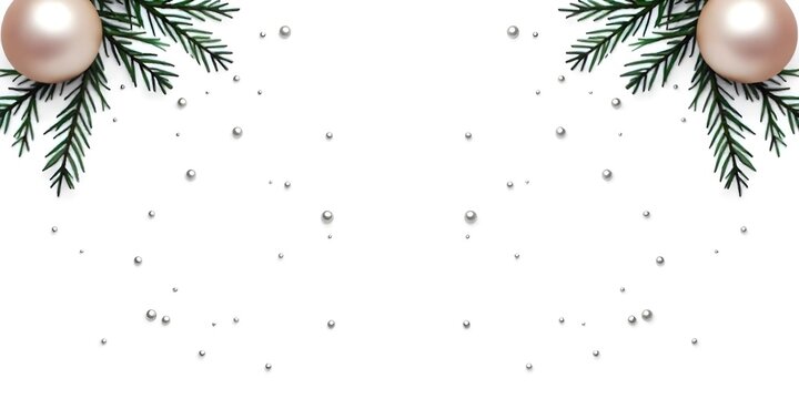 Two pine branches with green needles and small silver dots on a white background