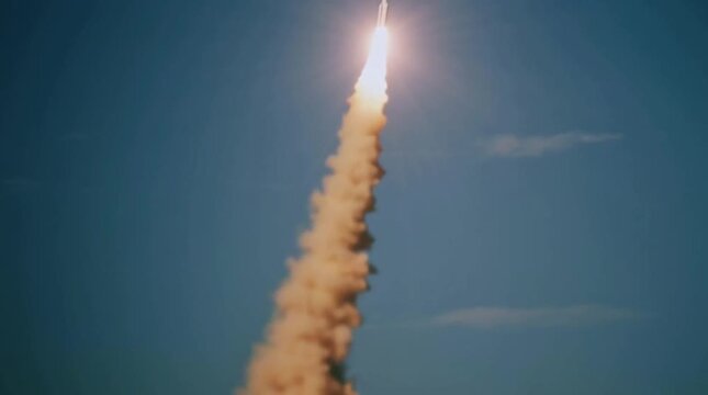 Anti-missile defense. Menace of rocket attack. Air raid. Danger. Threat of nuclear war. Missile launch. Test flight of a rocket with cluster munition. Casualties for infantry
