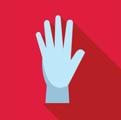 Obraz premium Light blue medical glove showing five fingers on red background, healthcare and hygiene concept