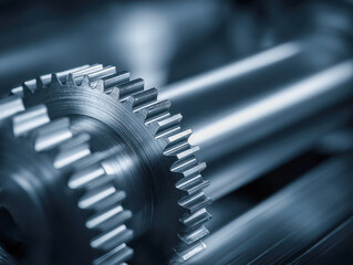 Fototapeta premium Detailed metallic gears and shafts in industrial machinery showcasing precision engineering and mechanical components in a close-up blue-toned composition