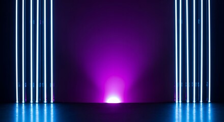 A modern empty podium illuminated by vertical blue neon lights against a dramatic purple background