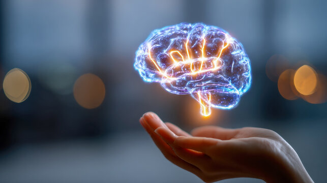 Person holding a glowing holographic brain representation symbolizing intelligence, creativity, and advanced futuristic technology in a blurred background setting - Powered by Adobe