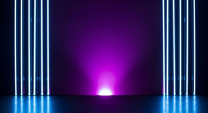 A modern empty podium illuminated by vertical blue neon lights against a dramatic purple background - Powered by Adobe
