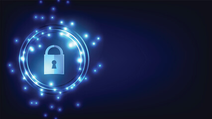 digital padlock with futuristic circle shield on blue background with copy space. cyber security and data protection