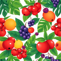 A vibrant, seamless pattern showcases an assortment of fresh fruits, including cherries, grapes, and oranges, amidst lush green foliage on a white background.