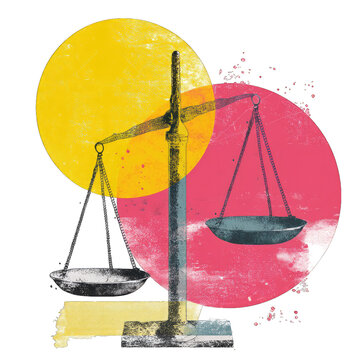 Minimalist pop art balance scale with grunge texture and color circles