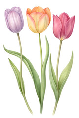 Fototapeta premium Watercolor Three Tulips in Pastel Colors isolated on a transparent background