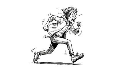 Urgent fleeing: monochromatic sketch of a man running with distressed expression