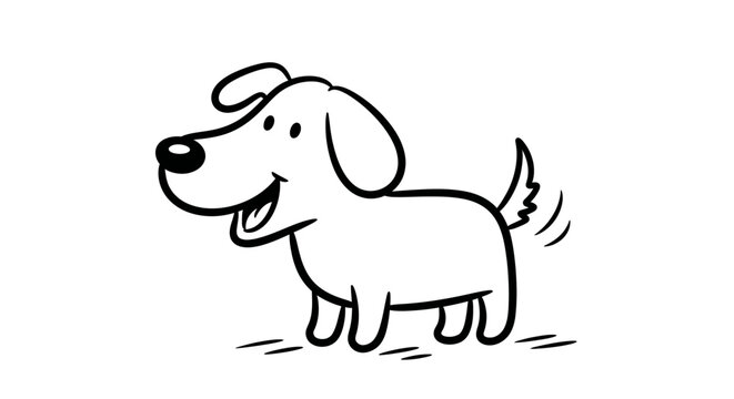 Delightful cartoon dog with wagging tail exudes joy and friendliness in a simple line drawing style