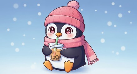 Cute Penguin's Boba Delight: A charming cartoon penguin, adorned in a cozy pink hat and scarf, savors a refreshing boba drink in a snowy scene, its big eyes twinkling with joy.