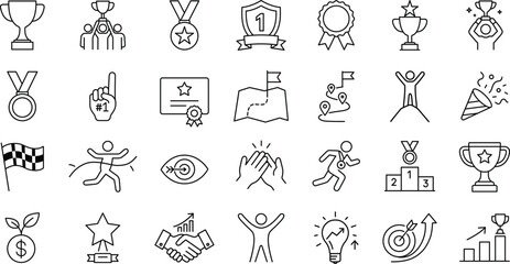 Success, Growth & Celebration Icon Set. Awards, Medals, Cups, Certificate, Winner, Triumph, Target, Goals, Champion, Number One, Stars Outline Icons
