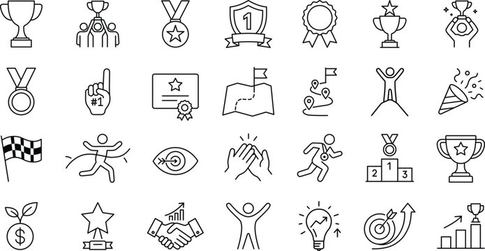 Success, Growth & Celebration Icon Set. Awards, Medals, Cups, Certificate, Winner, Triumph, Target, Goals, Champion, Number One, Stars Outline Icons