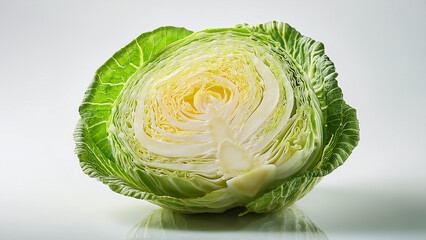 A half-cut green cabbage with layered texture on white background